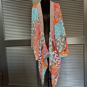 Honey Punch Open Kimono, Multicolored Patchwork Print Embroidered Collar SizeM/L